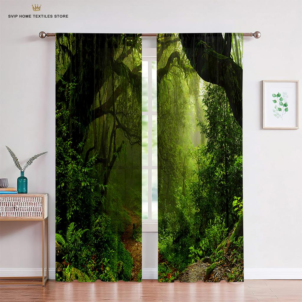 Woodland Forest Foliage Sunbeams Tulle Curtains, Sheer Voile Curtains, Window Decor, Living Room, Bedroom, Kitchen