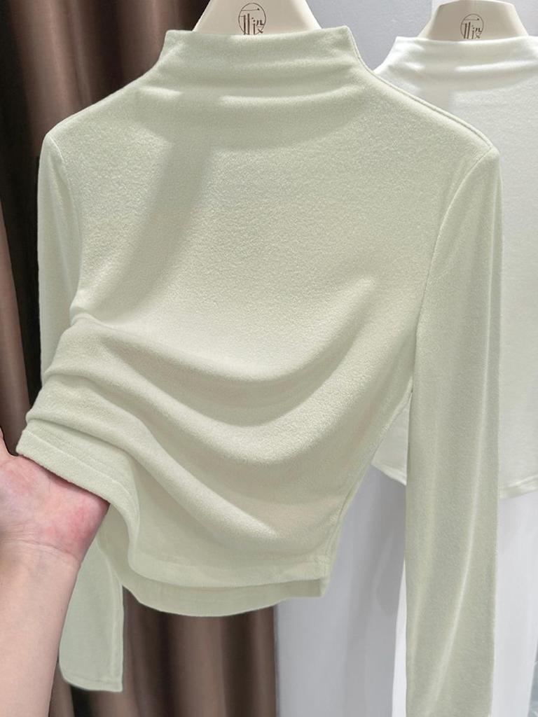 Women's Slim-Fit Gray Thermal Long-Sleeve T-Shirt with Half-High Neck for Autumn/Winter