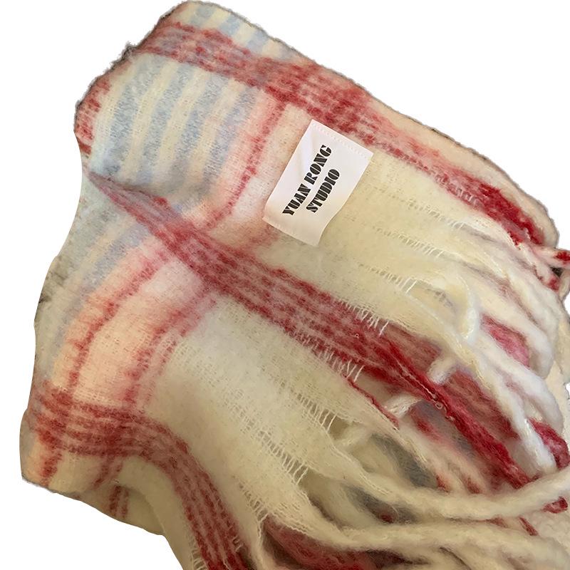 Mohair Plaid Scarf for Women: High-End Korean Style, All-Match, Long, Warm Winter Neck Scarf