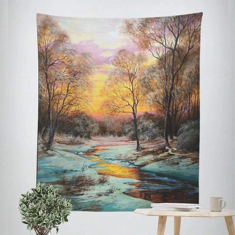 

Гобелен для украшения дома, зимнего леса, реки, подвесная ткань, гобелен для офиса, гостиной 100x75cm
