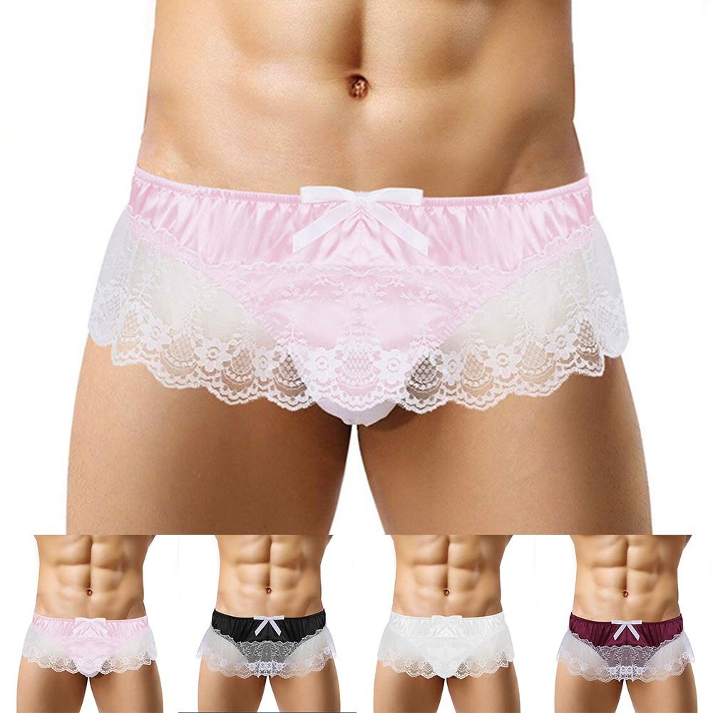 Men Sissy Lace See Through Panties Sexy Satin Thong Briefs Underwear