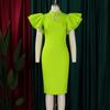 Elegant Bodycon Dresses Plus Size Women O Neck Ruffles Sleeve Beaded Solid Package Hips Party Dress