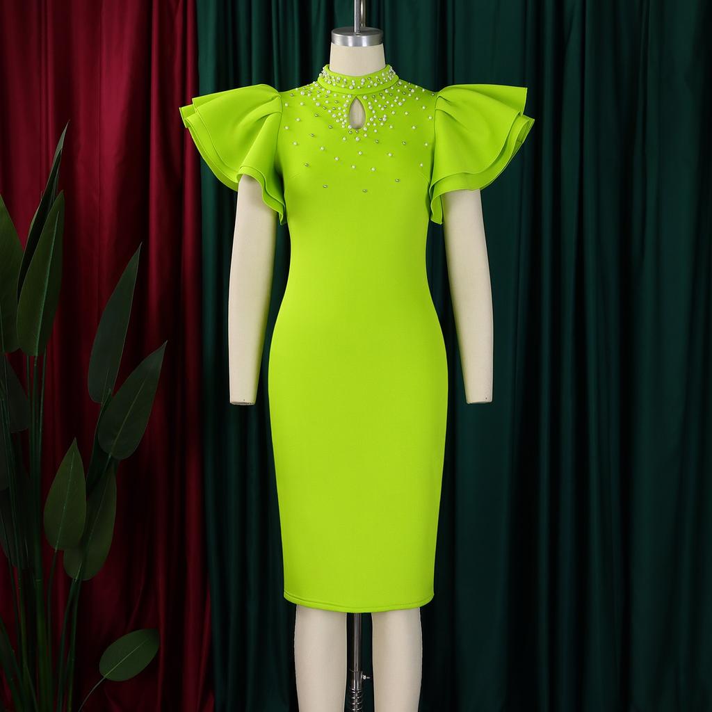 Elegant Bodycon Dresses Plus Size Women O Neck Ruffles Sleeve Beaded Solid Package Hips Party Dress