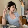 Summer Simple Basic Style Slim-Fit Low U-Neck Short-Sleeve T-Shirt for Women, Sexy Crop Top