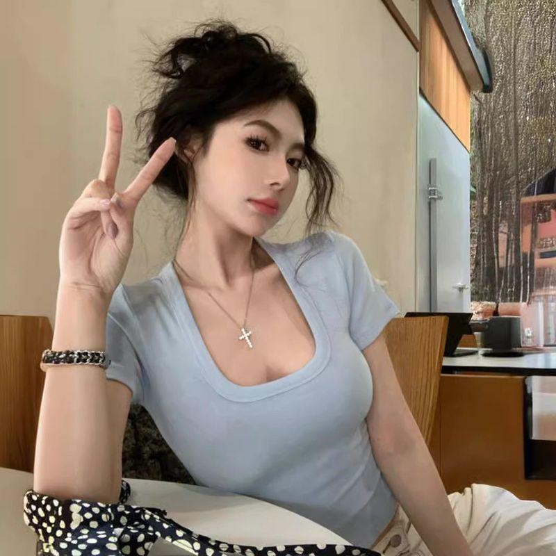 Summer Simple Basic Style Slim-Fit Low U-Neck Short-Sleeve T-Shirt for Women, Sexy Crop Top