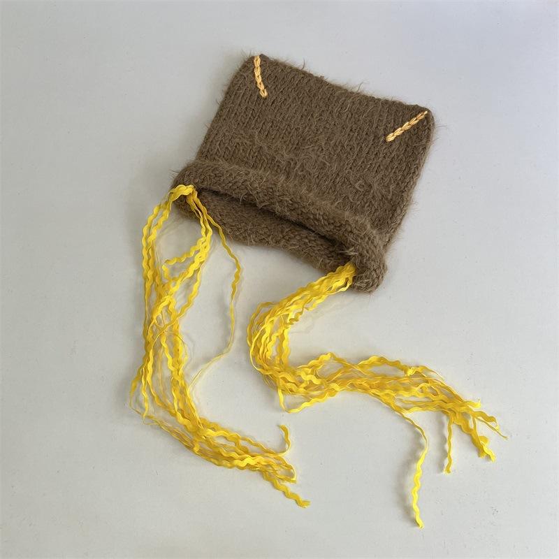 

Niche plush cat ear ribbon wool hat women s autumn and winter new warm fringed knitted hat versatile ear protection hat M（56-58cm）