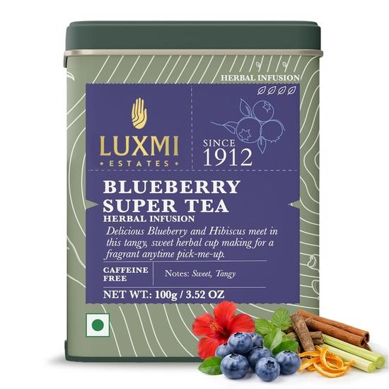LUXMI Estates Blaubeer Super Tee 100 Gramm Dose|Zertifizierter Bio-Tee|Koffeinfrei|50 Tassen, Hibiskus