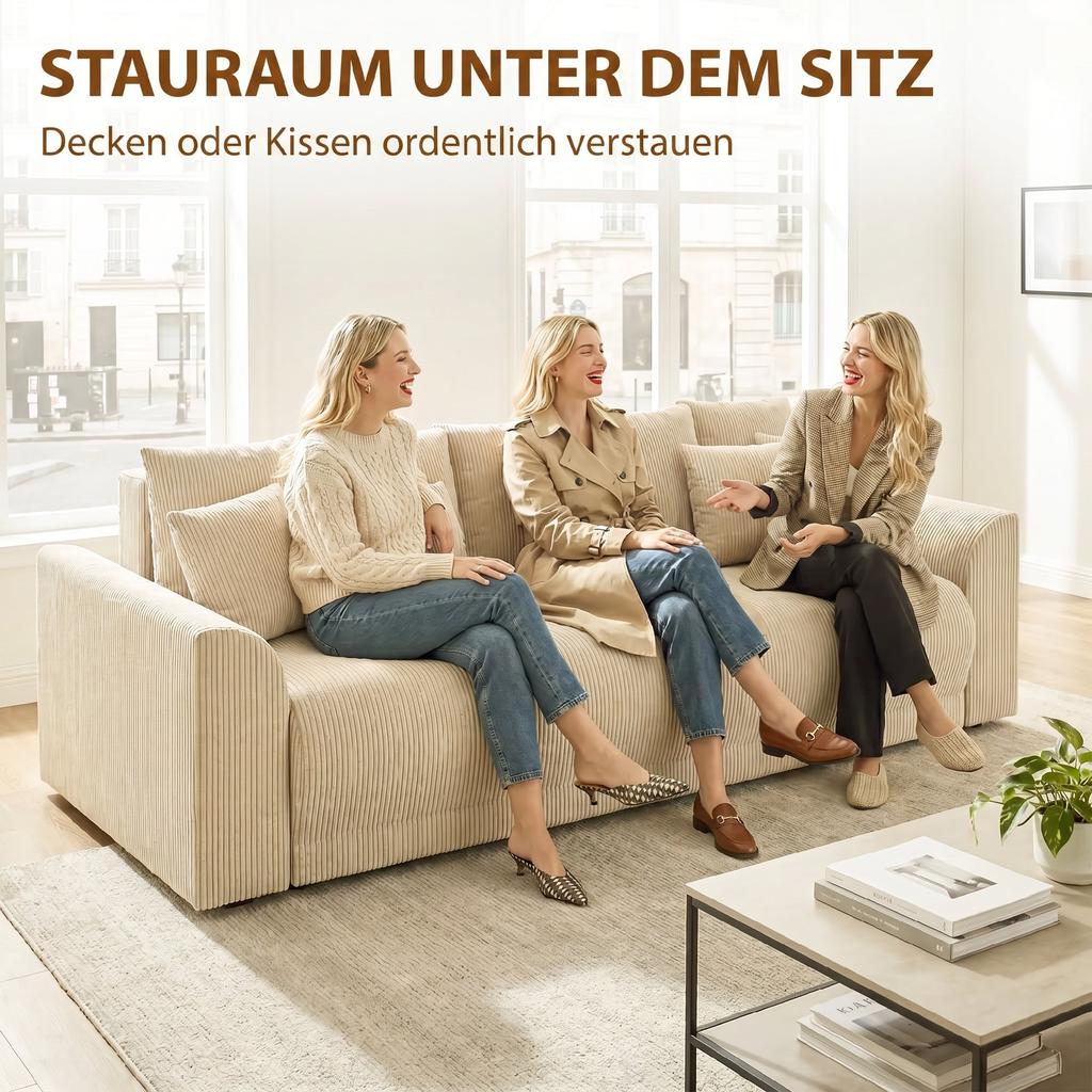 Sleeper Sofa 230 Cm 3-Seater Sofa with Sleep Function, Cushions, Storage, Corduroy Look for Living Room, Beige