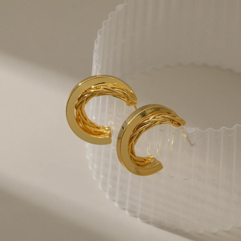 Vintage French Twisted 18k Gold Plated Brass Stud Earrings Fashion Jewelry For Women