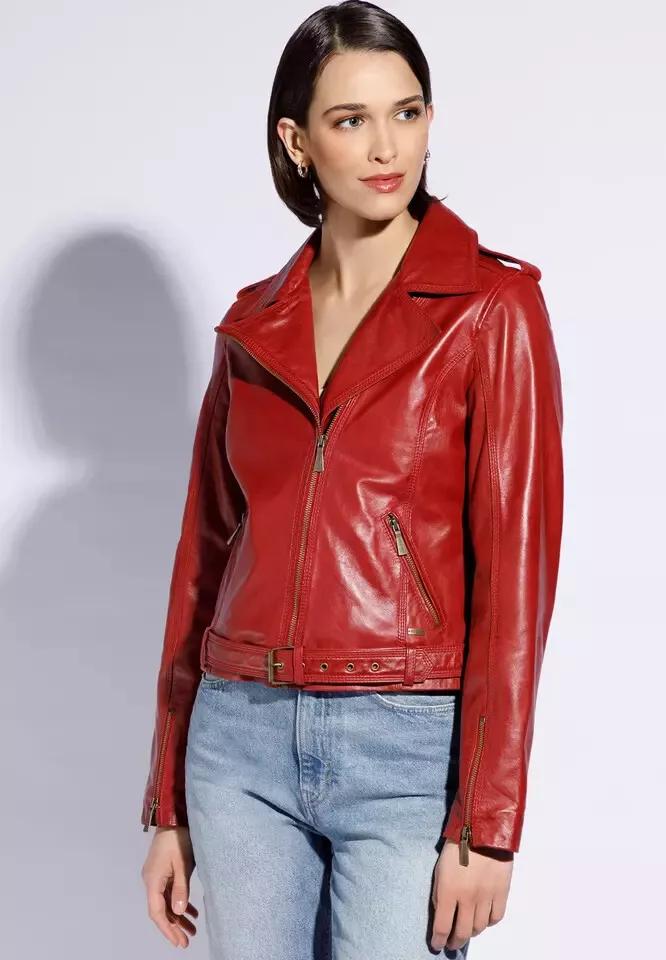 AL KHALID Motorcycle Style RED Women's Jacket Biker Stylish Real Soft Lambskin Leather