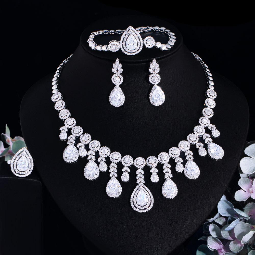 Women'S Zircon Four-Piece Chain Bridal Wedding Dress Dinner Dress Necklace Earrings Ring Bracelet Set