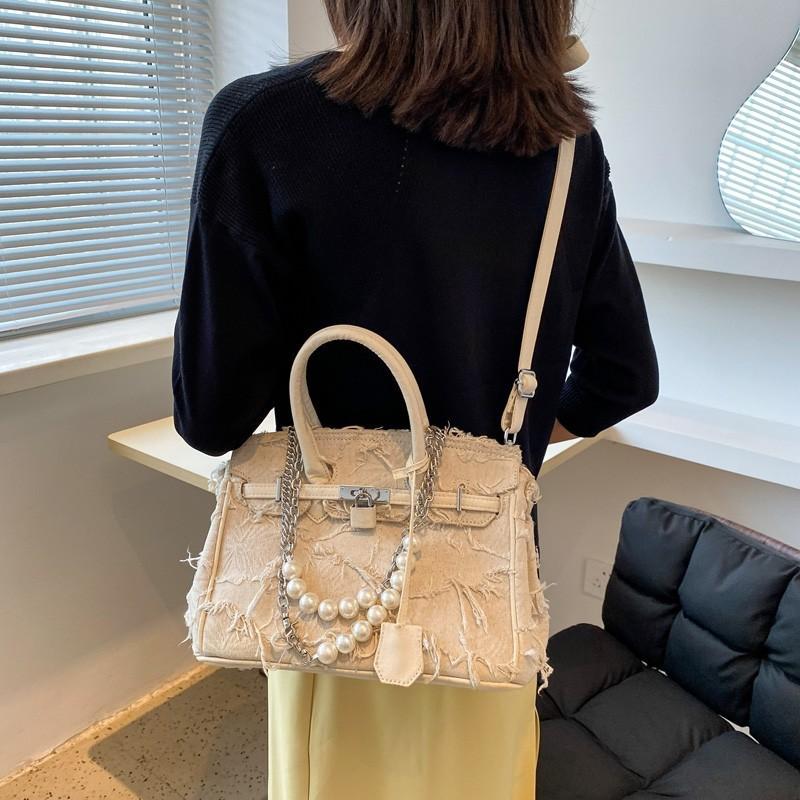 Vintage Denim Handheld Bag For Women With Pearl Chain Crossbody Purse For Daily Use