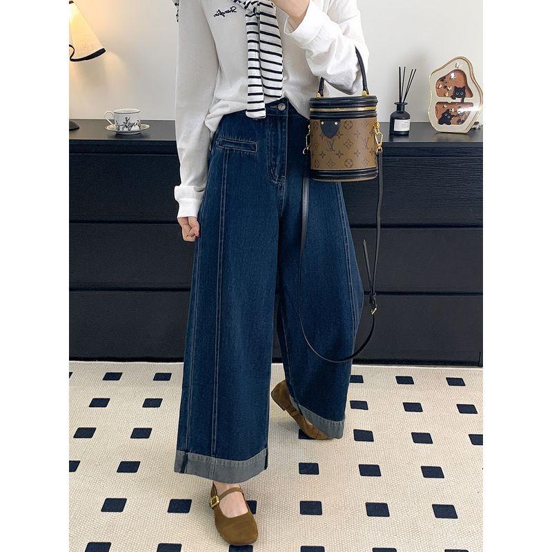 Spring New Style Dark Blue Wide-Leg Jeans for Women, Plus-Size, Slimming, High-Waisted, Cropped, Loose-Fitting Jeans Dark Blue S