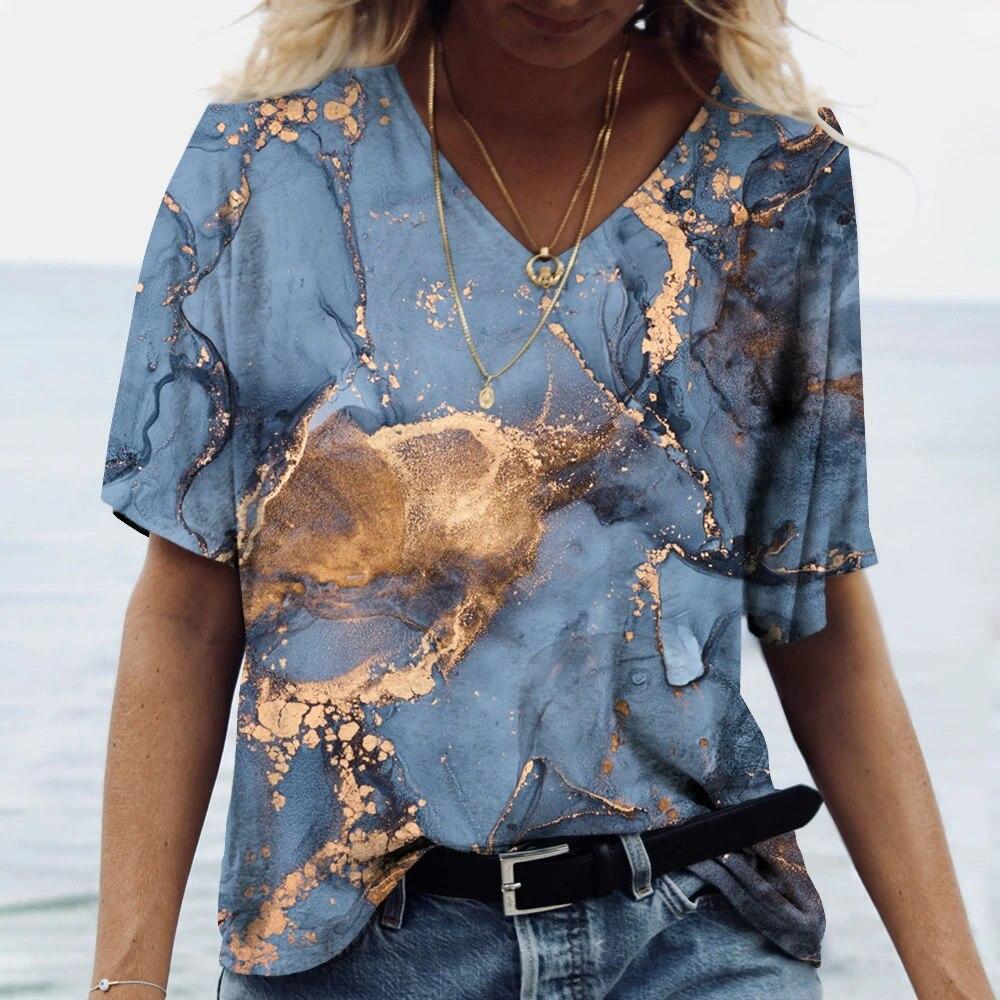 Summer Fashion Textured 3D Print T-shirts Women Casual Streetwear Short Sleeve V-Neck T Shirt Harajuku Tees Tops Clothing