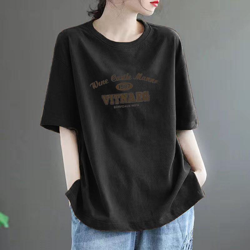 

Жіноча футболка з коротким рукавом великого розміру зі 100% чистої бавовни - Літній вільний крій, Стрункий силует, Стиль високого класу L (120-135 jin)