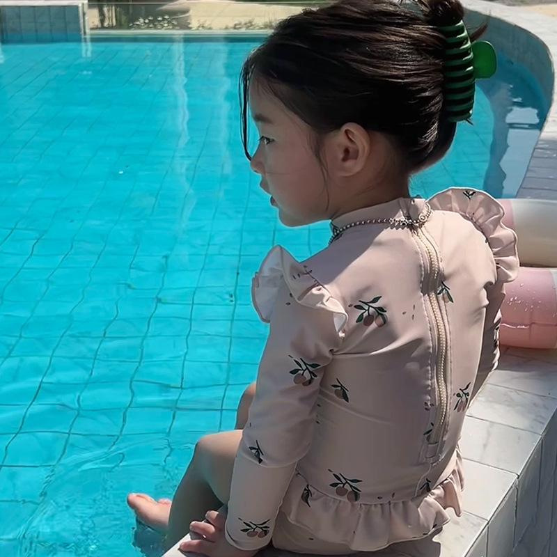 Girls' Cherry Blossom Lace Long Sleeve Swimsuit - Summer Princess Design