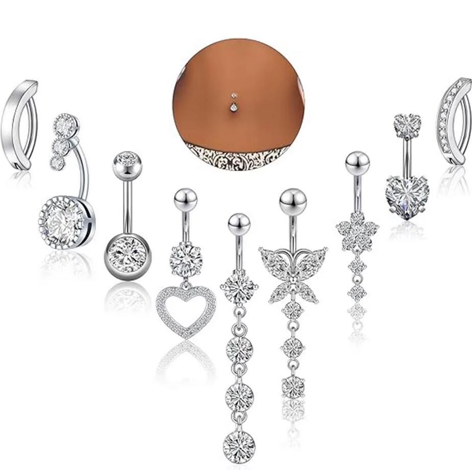 Set of 9 Cute 14G 1.6MM Stainless Steel Belly Button Rings with Zircon 1.6MM Cute Clicker Navel Piercing Jewelry for Women