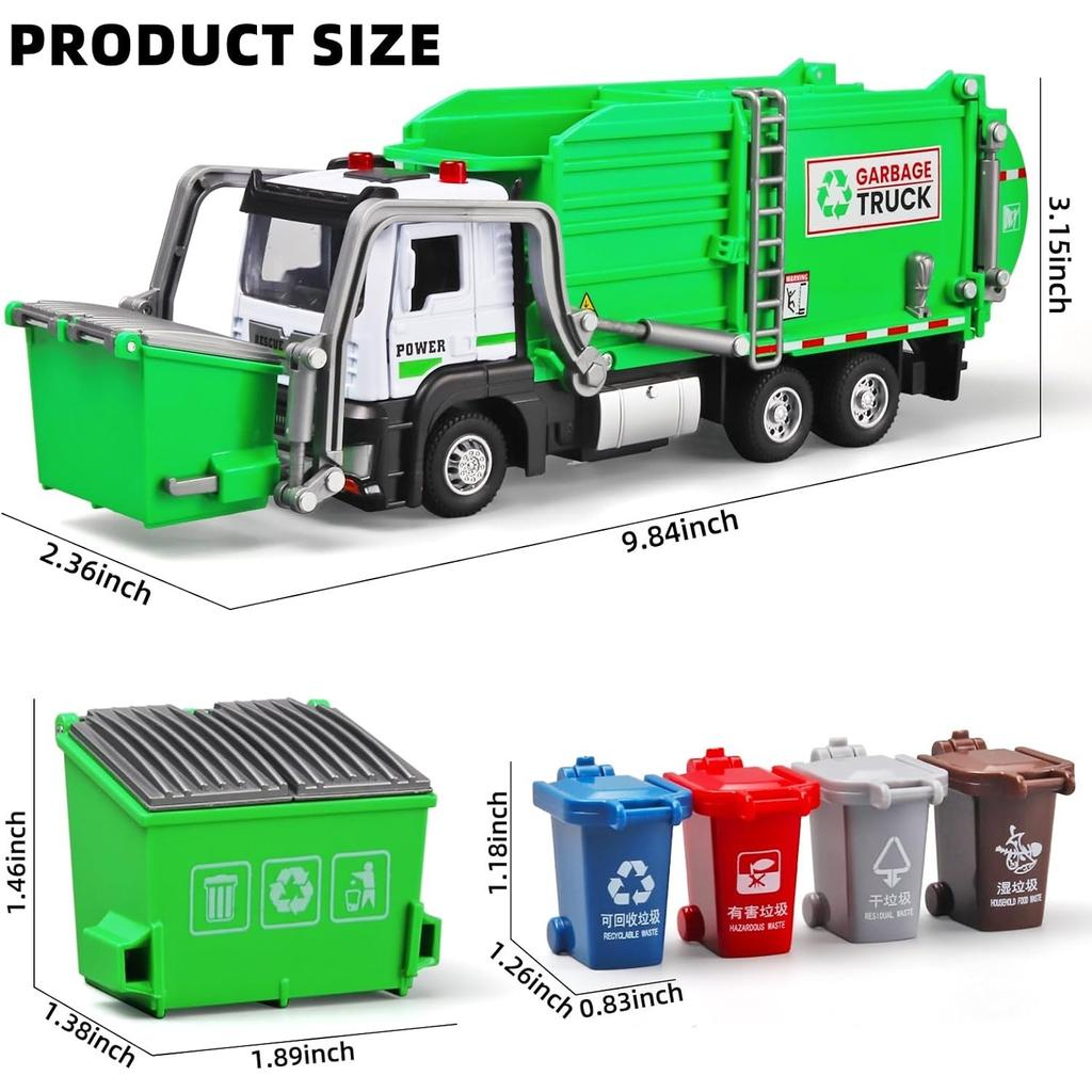 Garbage Truck Toys,Metal Diecast Cab,Pull Back with Lights and Sounds,Recycling Truck Toy with Trash Cans and Bins,Garbage Trucks for Boys Age 4-7