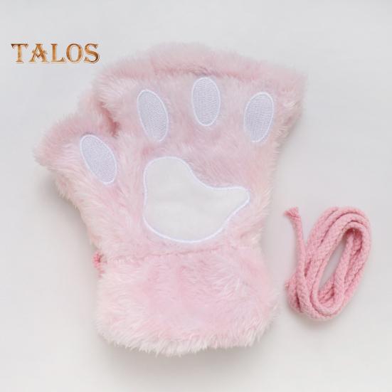 1 Pair Women Winter Gloves Half-finger Cat Paw Shape Thick Plush Elastic Warm Heat Retention Non-slip Windproof Wrist Protection Cycling Riding