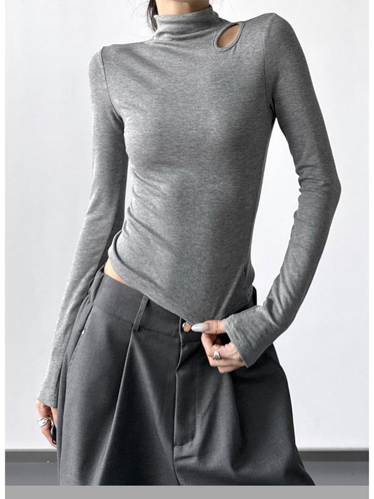 Women's Slim Fit Velvet Turtleneck Long Sleeve T-Shirt, Gray, 2025 Spring/Autumn/Winter Collection.