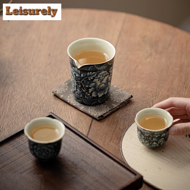 165ML Retro Blooming Flowers Tea Pitcher Handmade Ru Kiln Ceramic Cha Hai Justice Cup Coffee Divide Tea Chinese Teaset Supplies