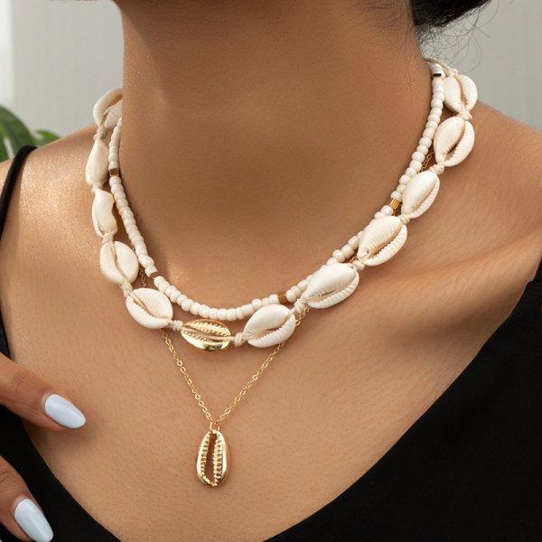 Boho Mehrschichtige Metall Muschel Halskette für Damen Trendy Muschel Seestern Reiskorn Perlen Kette Choker Sommer Strandparty Schmuck