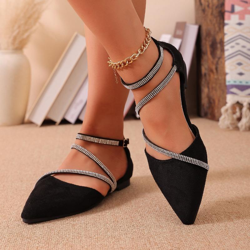 Frühling und Sommer neue Tasche Kopf Hohl-Sandalen Damen Strass Flachboden Große Größe Ein-Wort-Riemen Einzelne Schuhe
