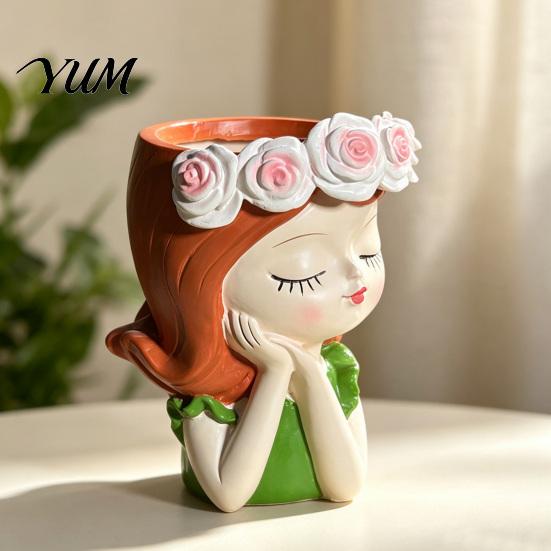 Resin Craft Decoration Cute Girl Planter, Head Planter with Rose Garland, Plant Container Decorative for Succulents Cactus Indoor Desk Decor Pot