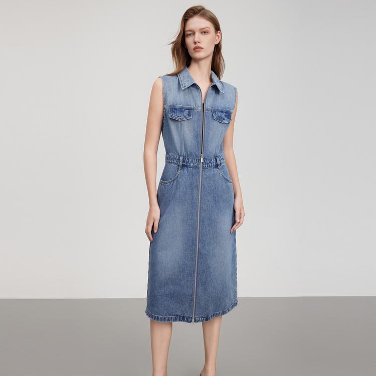 ELLE Modern Cotton Polo Neck Solid Color Sleeveless Dress Women dresses Blue EL51207