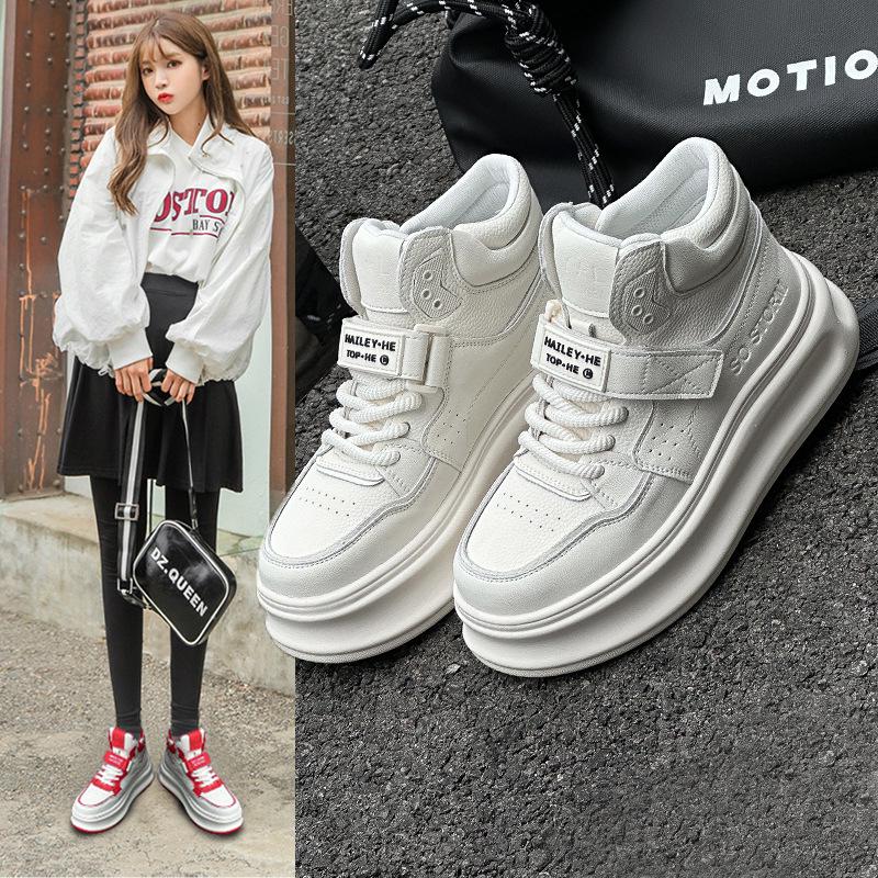 Women's High-Top Genuine Leather Velcro Sneakers with Thick Soles - Height-Enhancing Casual Sports Shoes for Spring & Autumn 2025