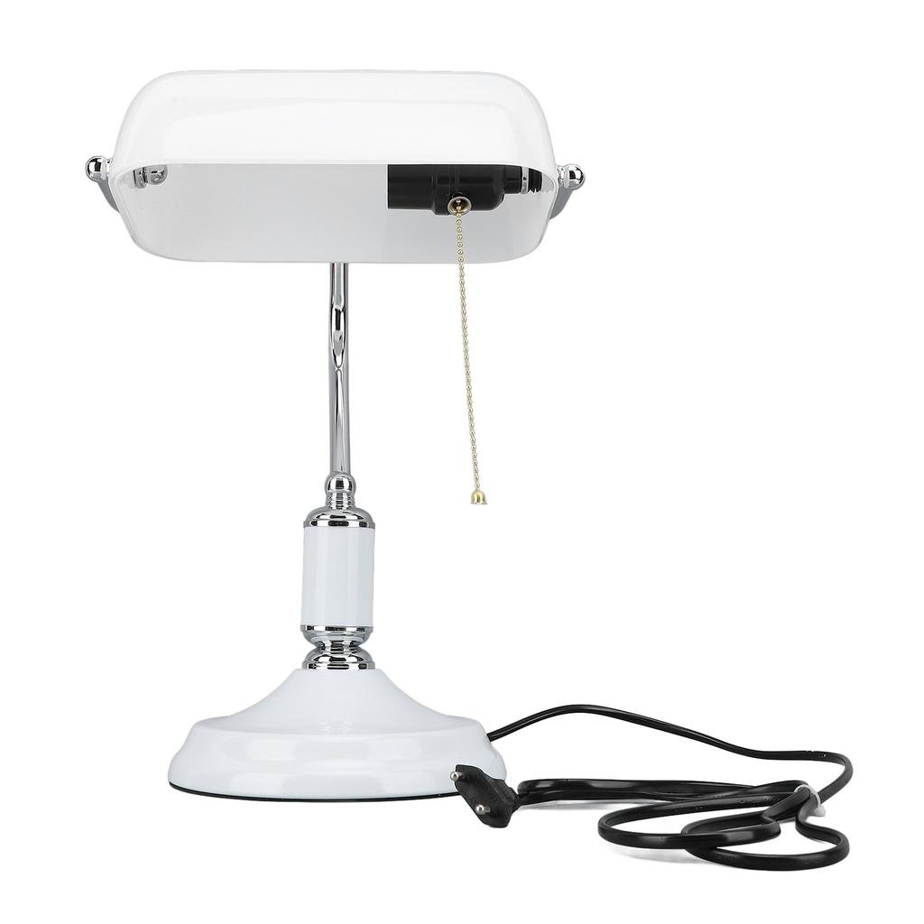 Bankers Table Lamp White Glass Vintage Style Desk Lamp with Retro Pull Chain Switch Reading Table