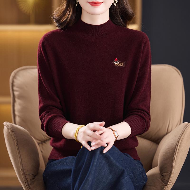 Women's Pure Wool Half-High Neck Sweater: Winter Warm, Loose Fit, Fashionable for Middle-Aged & Elderly Mothers