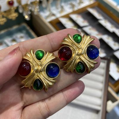 Medium and Light Luxury Design Sense Contrasting Color Glazed Stud Earrings Silver Needle Retro Geometric Round Cross Concave Convex Earrings