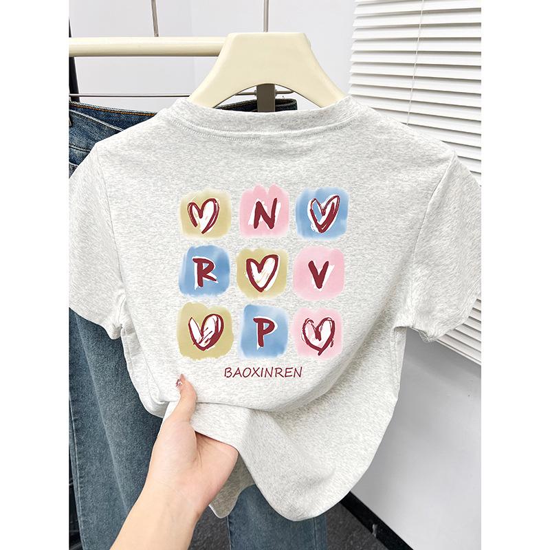 

2024 Summer Women s Korean Heart Print Slim Fit Round Neck T-Shirt 3XL