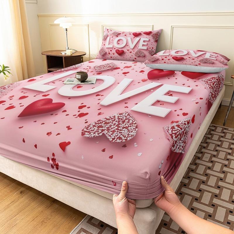3pcs Valentine's Love Rose Day Applicable Love Letter Pattern Fitted Sheet Set, Bedding Set, Soft and Comfortable Fitted Sheet