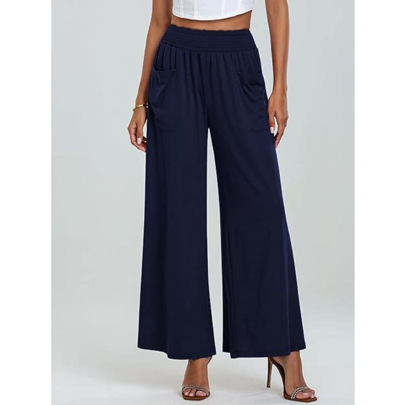 Fashion Loose Elastic Waist Women's Wide Leg Pants High Waist Casual Office Simple Office Trousers with Pockets Solid Color Elegant Clothing
