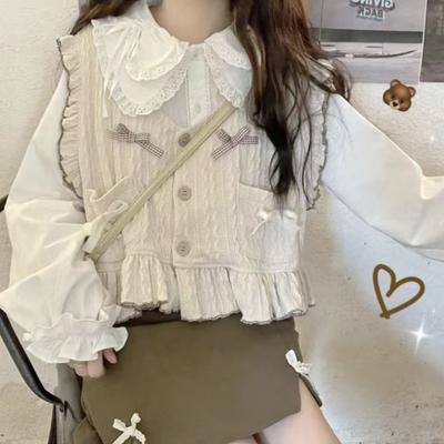 Primavera y Otoño Japonés Chica Suave Lindo Encaje Cuello de Muñeca Manga Larga Camisa Holgada Versátil para Mujer
