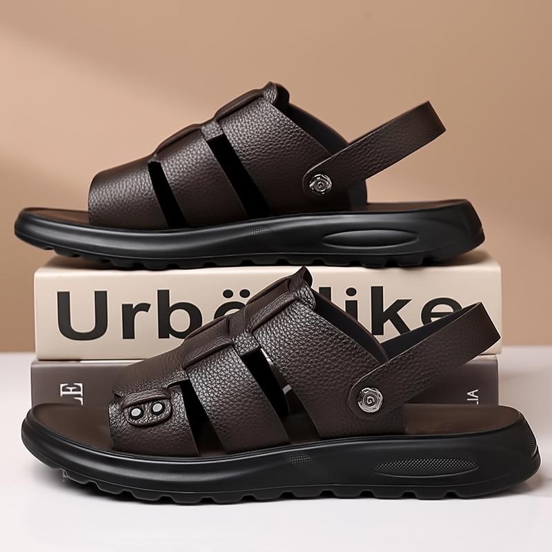 Fashion Mens Commute Genuine Leather Sandals Solid Color Leather Summer Breathable Beach Shoes Casual Comfortable Open Toe Soft Sandals