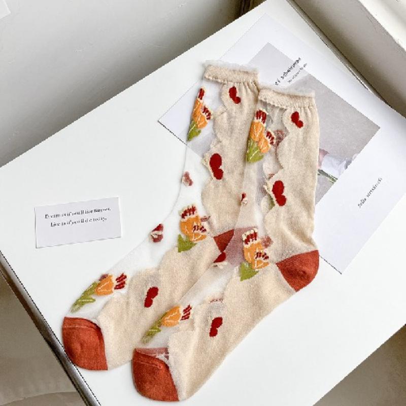 Ultra-thin Transparent Crystal Silk Socks Women Fashion Summer Harajuku Crew Socks Retro Flower Streetwear Elastic Long Socks