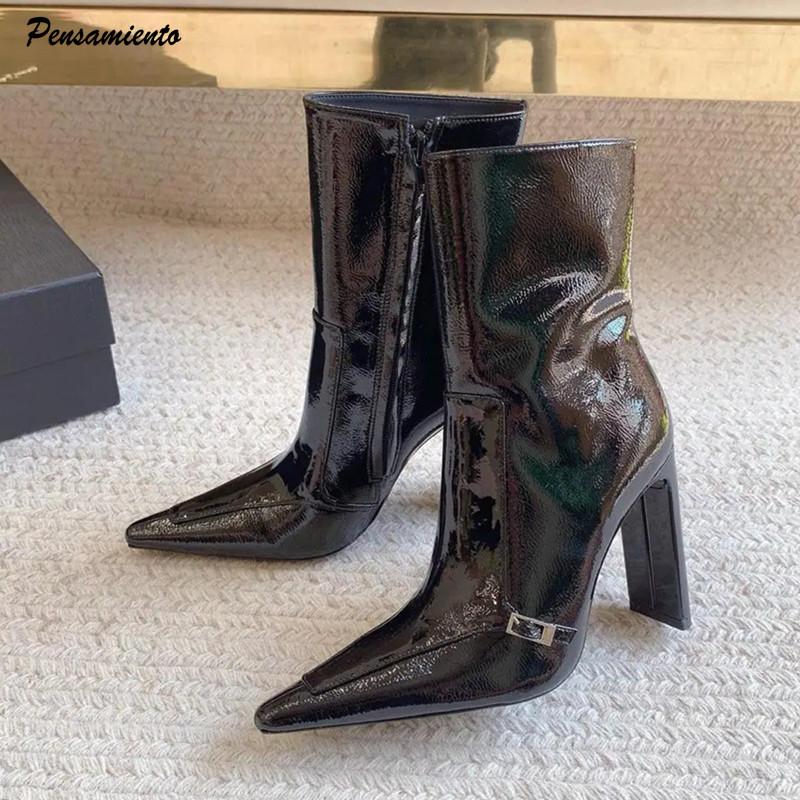 Mode Ins Stil Mode Lackleder Reißverschluss Damen Stiefeletten Herbst Winter Elegant Spitz Zehen Hohe Absätze Chelsea Kurze Stiefel Schuhe