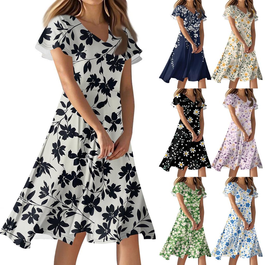 Women's Casual Fashion Flower Print Dress V Neck Short Sleeve Short Skirt