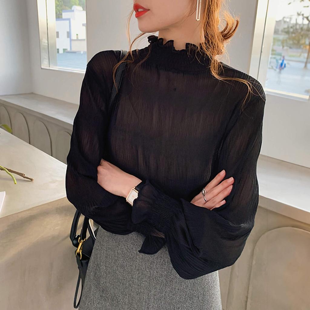 Petite High Neck Sheer Top with Long Sleeve Tulle Sexy Blouse with Lace Sheer Shirred Winter Free [fourfivesix Haru] Inner, See-Through Layering,
