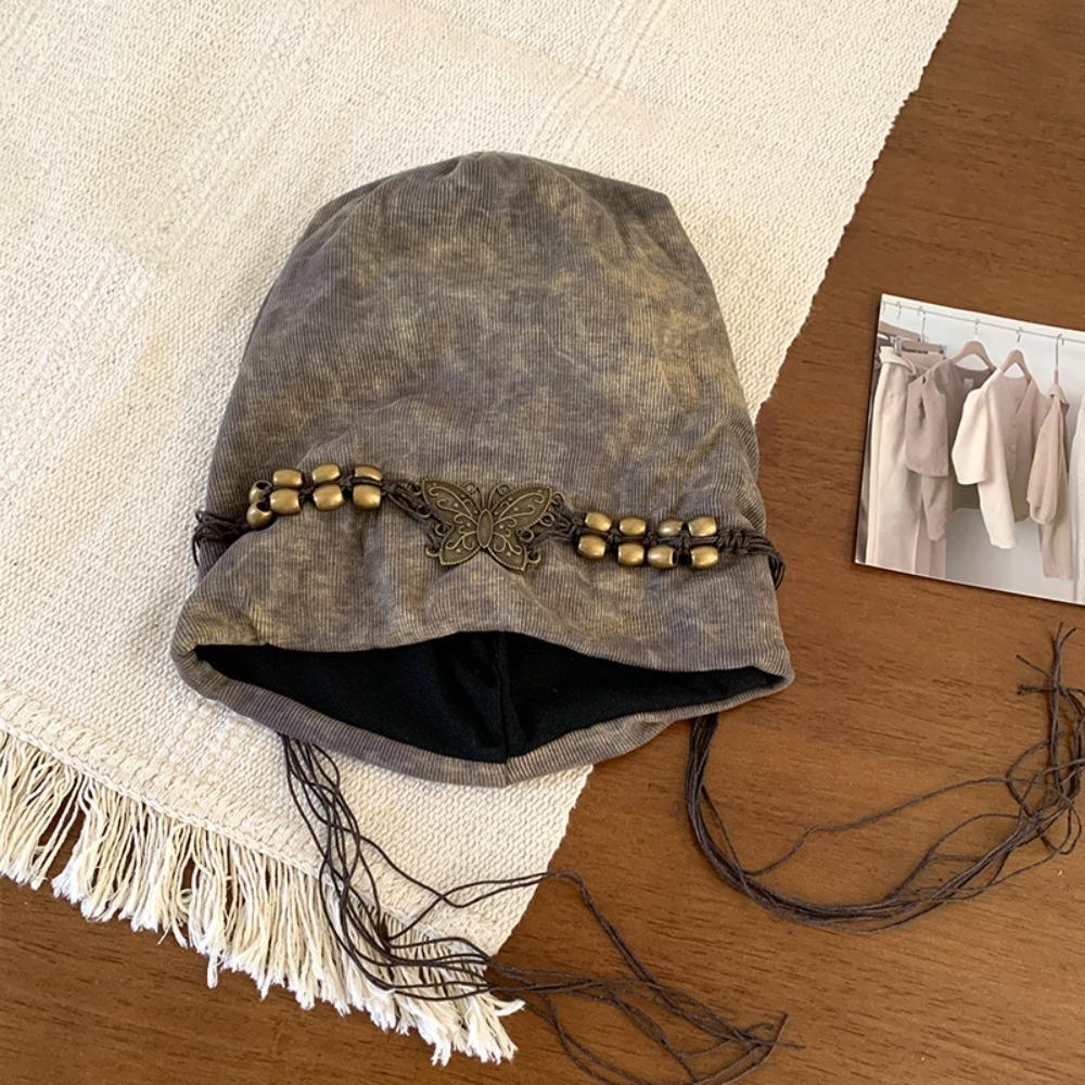 Tassels Beaded Butterfly Hat Weave Knitted Tie-dye Hat Wasteland Pullover Cap  Apparel Accessories