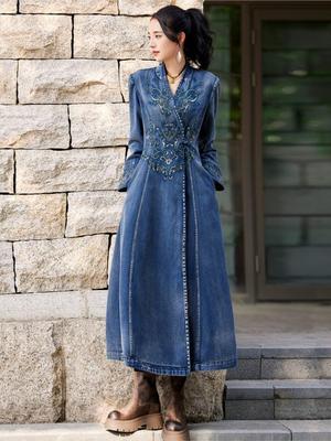 Women Spring Fashion Vintage Embroidery V-Neck Denim Dress Loose Retro Casual Dress
