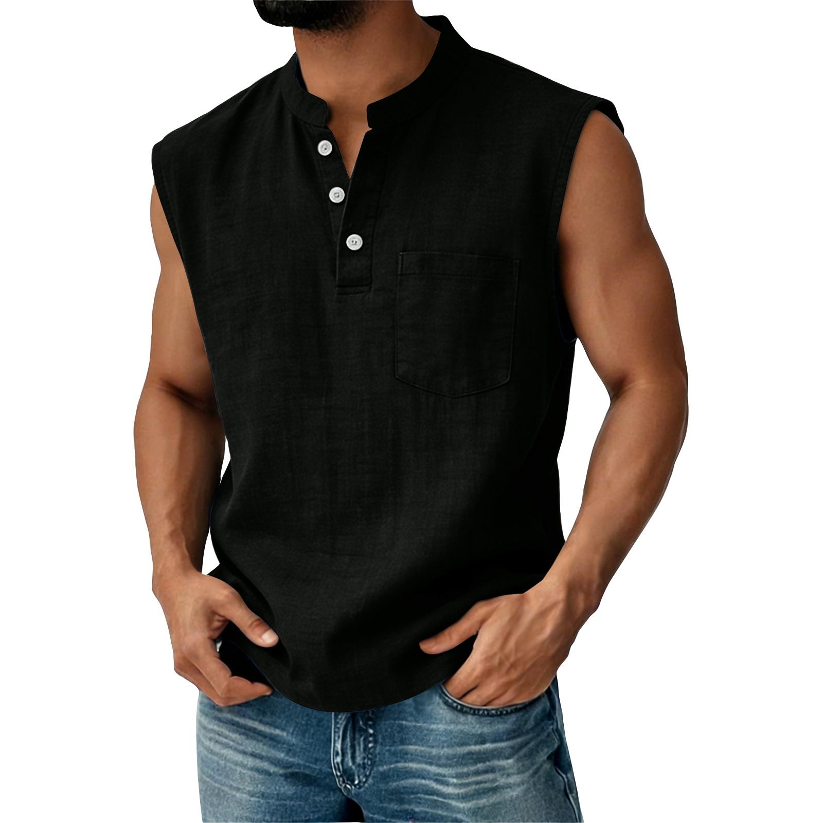

Men Sleeveless Henley Shirt Linen Casual Stand Collar Button Front Pocket Relaxed Fit Top M чёрный