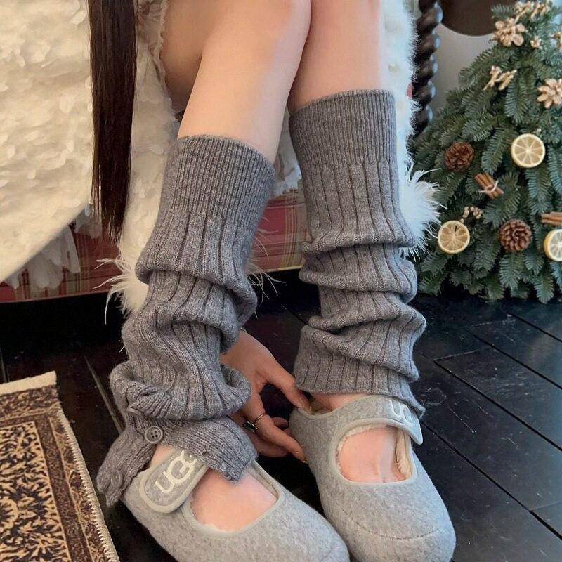 Button Split Calf Socks White Socks Women'S Autumn And Winter Knitted Leg Warmers Stacking Socks With Boots Look Thin