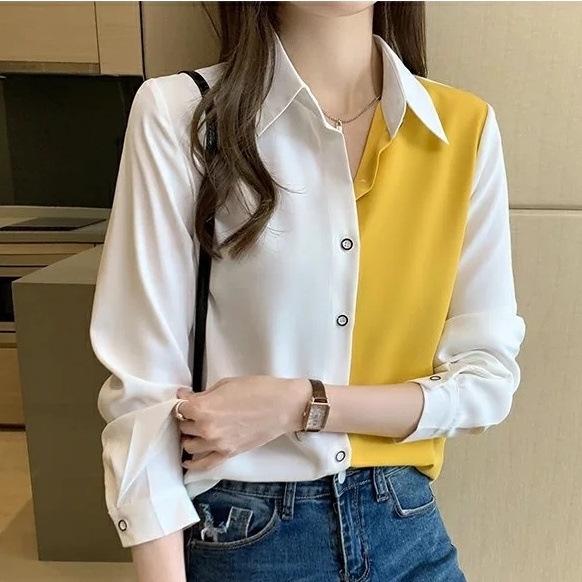 Women's Color Block Long Sleeve Chiffon Blouse - Korean Style, Spring/Autumn Versatile Loose Top