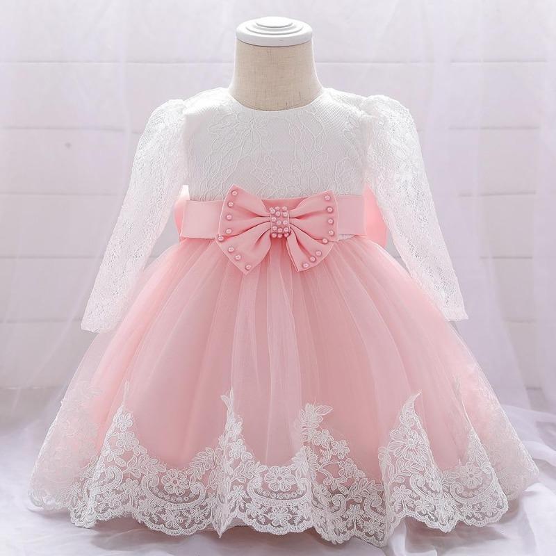 Vestidos para meninas, vestidos de festa e casamento para meninas recém-nascidas, manga comprida, vestidos de renda com laço grande, vestido de princesa para primeiro aniversário de menina