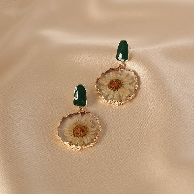 Cercei Floare de Soare Margaretă Proaspătă de Vară cu Flori Uscate, Senzație High-End, Temperament Luxos Lejer, Cercei, Cercei Feminini Forestieri