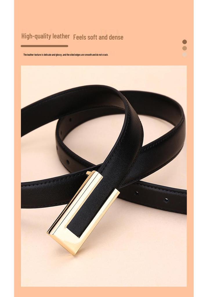 Women's Fashionable Gold Buckle Leather Belt - Versatile Cowhide Waistband for Dresses and Pants